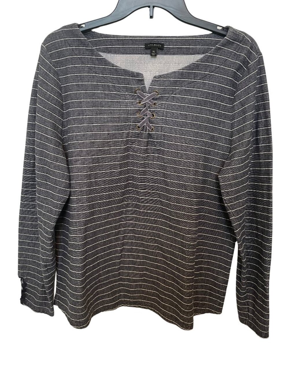 Talbots Gray and White Striped Lace-Up Knit Top xl long sleeve